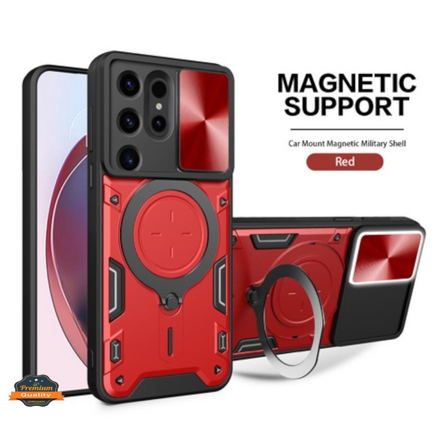 For Samsung Galaxy A37 5G Hybrid Shockproof with Magnetic Ring Stand, Compatible with Magsafe & Sliding Camera Lens Protector Case Cover