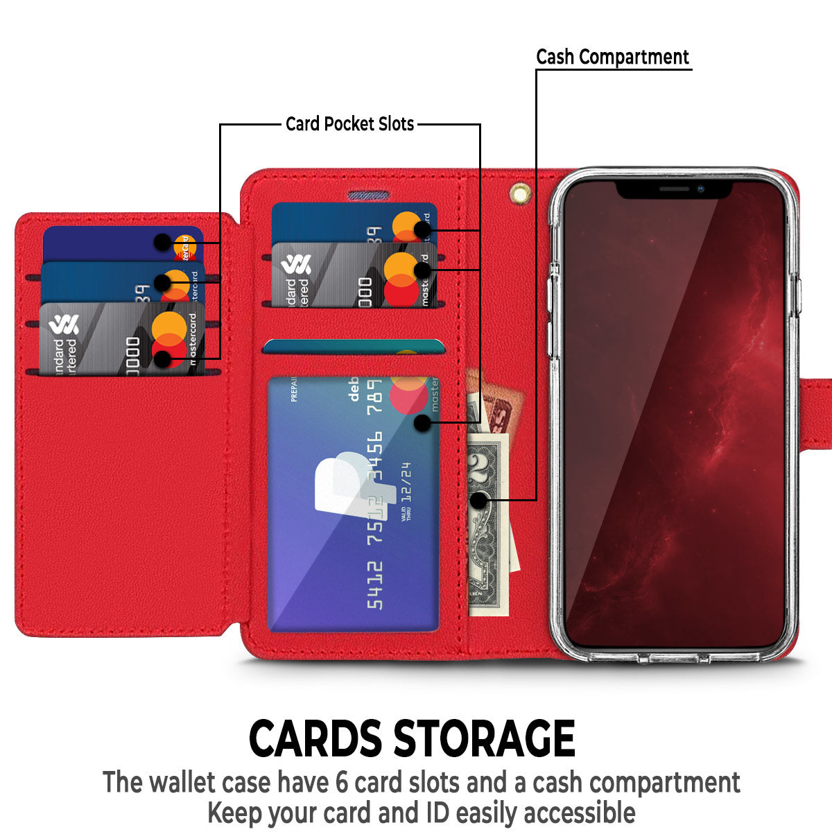 For Motorola Moto G Power 5G 2026 PU leather Wallet 6 Card Slots folio with Wrist Strap & Kickstand Pouch Flip Shockproof Case Cover Red