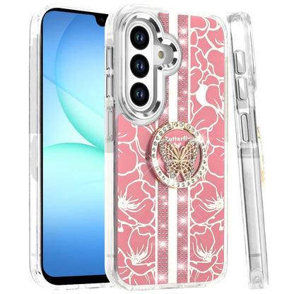 For Samsung Galaxy A17 5G Diamonds 3D Butterfly Floral Design Bling Sparkly Glitter Hybrid Metal Fashion with Ring Stand Case Cover