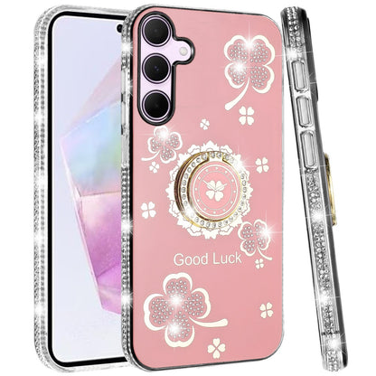 For Samsung Galaxy A36 Diamonds Bling All Around Edges Sparkly Glitter Hybrid with Ring Stand Holder Fashion Good Luck Case Cover