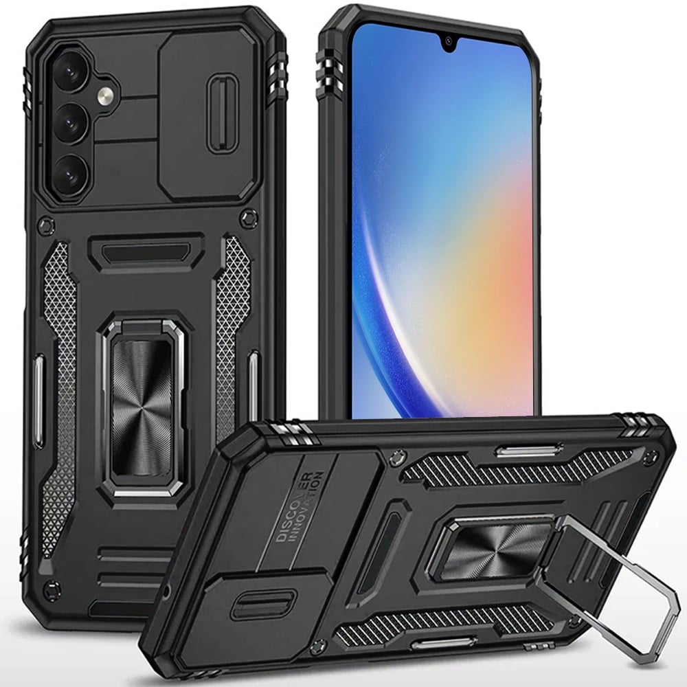 For Samsung Galaxy A15 5G Tough Hybrid Case with Movable Camera Window & Metal Ring Stand Shockproof Case Cover