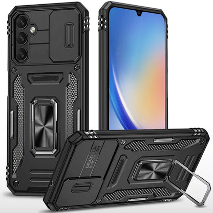 For Samsung Galaxy A15 5G Tough Hybrid Case with Movable Camera Window & Metal Ring Stand Shockproof Case Cover