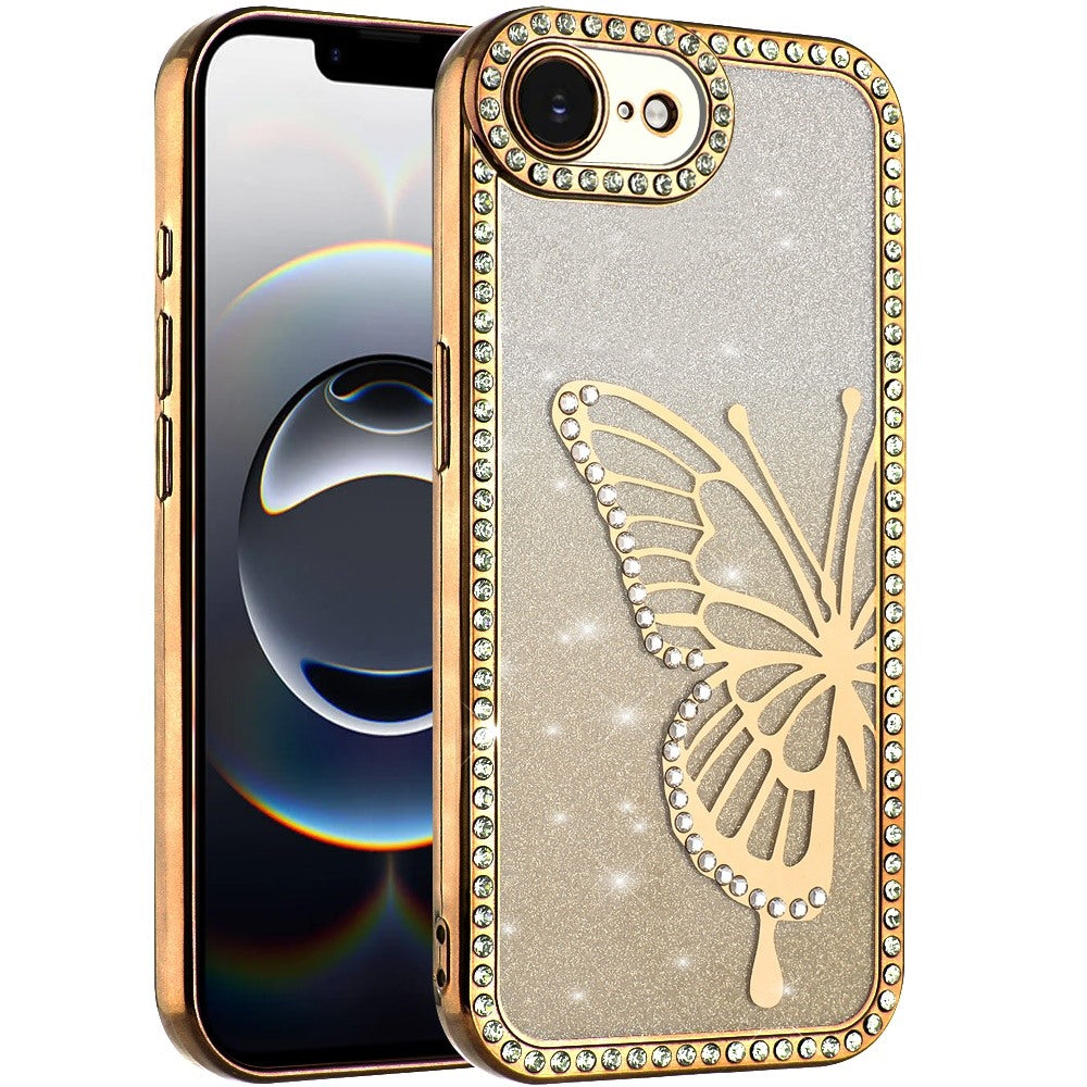 For Apple iPhone 16e Butterfly Glitter Diamond Shimmer Hybrid Slim & Stylish Electroplated Sparkly Bling Shockproof TPU Protective Case Cover