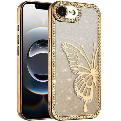 For Apple iPhone 16e Butterfly Glitter Diamond Shimmer Hybrid Slim & Stylish Electroplated Sparkly Bling Shockproof TPU Protective Case Cover