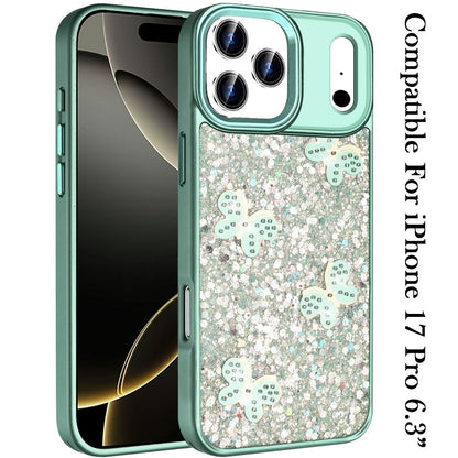 For Apple iPhone 17 Pro (6.3") Cute Butterfly Crystal Diamond Glitter Case Sparkle Bling Frame Metallic Edges, Shimmer TPU Hybrid Case Cover