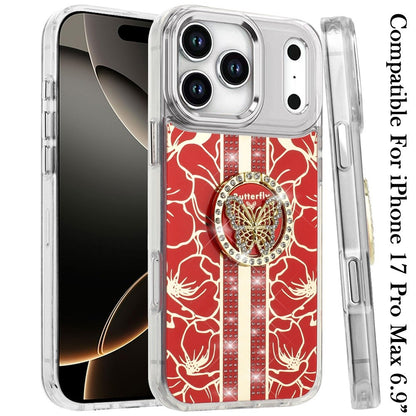For Apple iPhone 17 Pro Max (6.9") Diamonds 3D Butterfly Floral Design Bling Sparkly Glitter Hybrid Metal Fashion with Ring Stand Case Cover