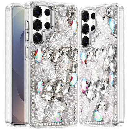 For Apple iPhone 14 Pro Max 3D Diamond Floral Butterfly Bling Stone Hybrid, Sparkly Rhinestone Gemstone Back Shockproof Case Cover