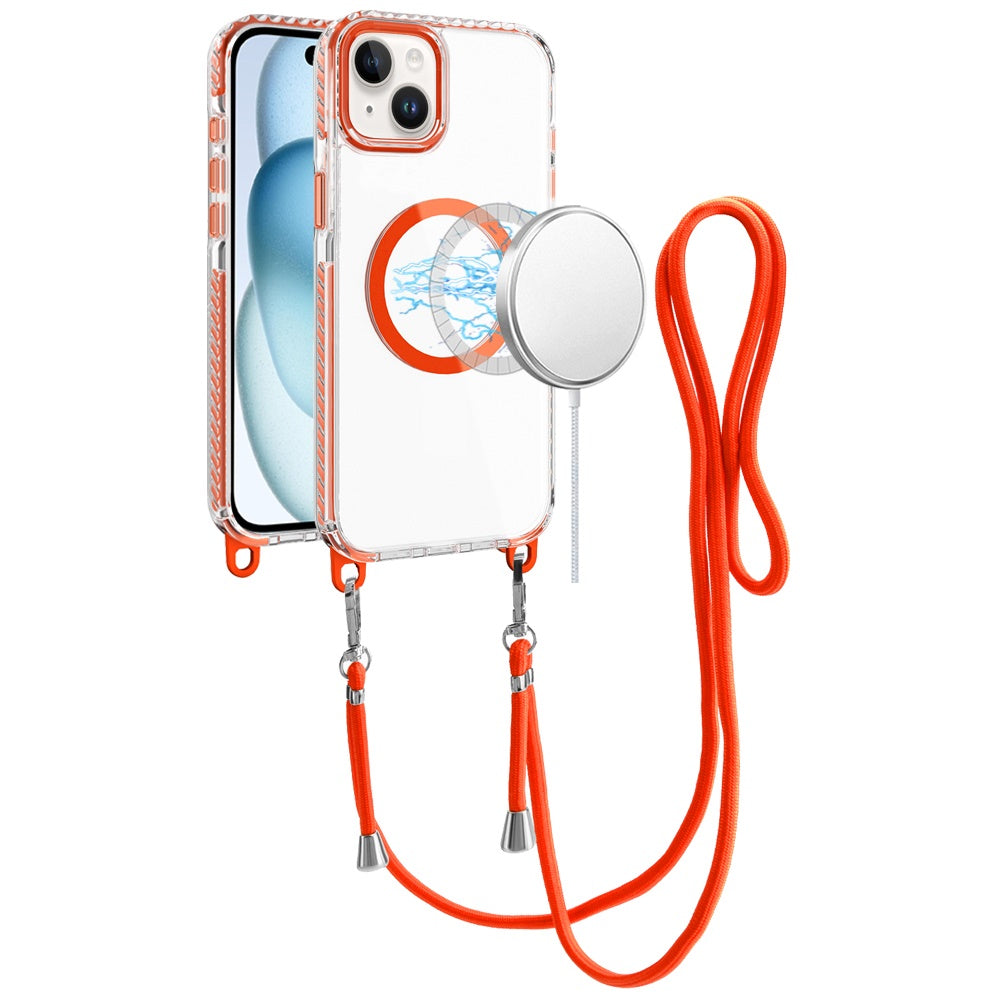 For iPhone 14/13 (6.1") Clear Magnetic Frame PC Back Shockproof Protective Case with Detachable Lanyard Strap, Compatible with MagSafe Case Cover Cosmic Orange