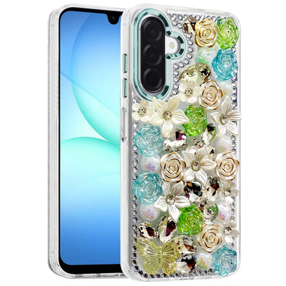 For Samsung Galaxy A57 3D Diamond Floral Roses Flower Bling Stone Hybrid, Sparkly Rhinestone Gemstone Back Shockproof Case Cover