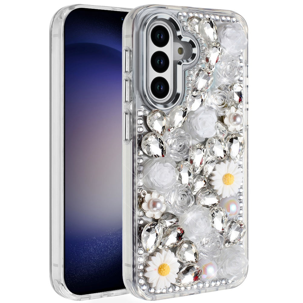 For Samsung Galaxy S26+ / S26 Plus Fashion Daisy Floral Series, Full 3D Bling Crystal Diamonds Sparkling Rhinestone Glitter Hybrid Design Case Cover