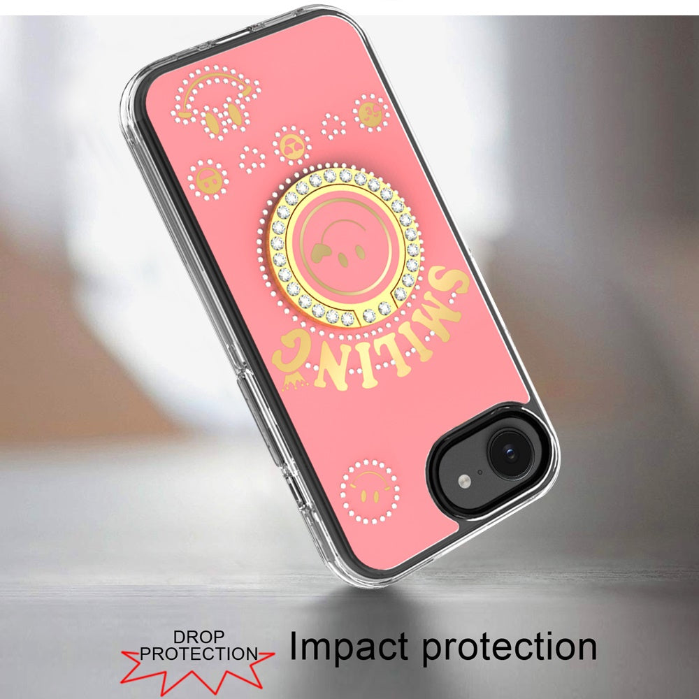 For Apple iPhone 17E /16E Smiling Glitter Bling Ornament Hybrid Shockproof Stylish Sparkle Design Secure Grip Durable Protection Case Cover Pink