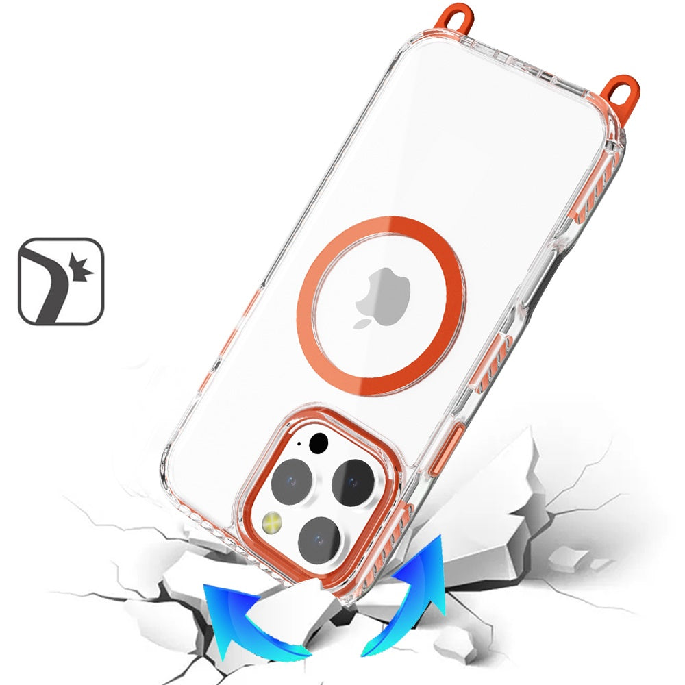 Phone Case for Apple iPhone 16 Pro Max Transparent Magnetic Lanyard Shockproof Hybrid Clear Grip Durable Camera Protection TPU Anti-Slip Design Cover Cosmic Orange