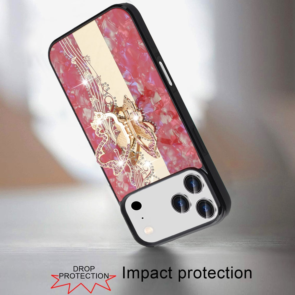 For Apple iPhone 17 Pro Max (6.9") Diamonds 3D Fashion Bling Sparkly Glitter Ornaments Engraving Hybrid with Ring Stand Case Cover