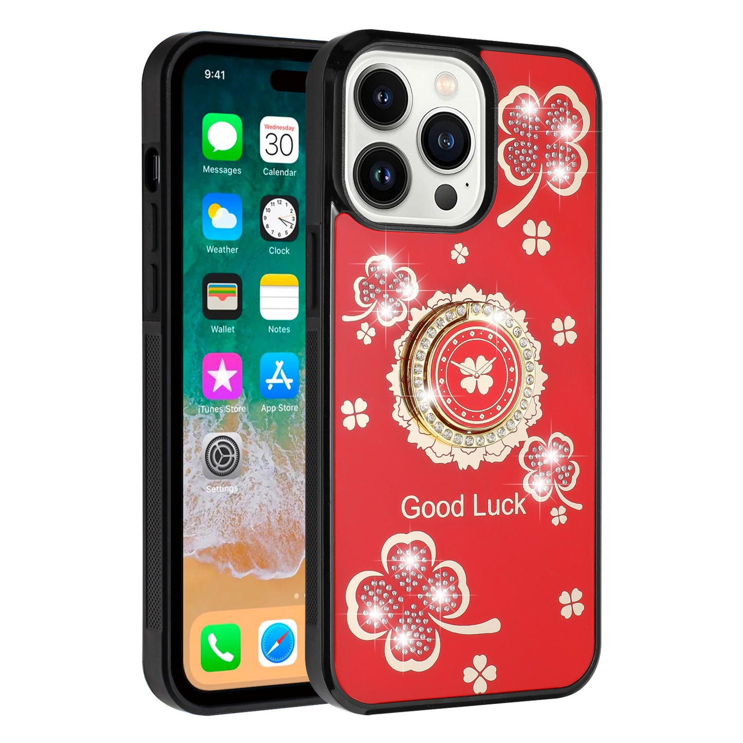 For Apple iPhone 16 Pro Diamonds 3D Butterfly Bling Sparkly Glitter Ornaments Engraving Hybrid Metal Fashion Case Cover Good Luck Floral Red