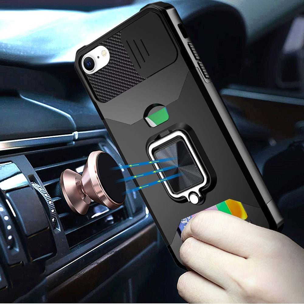 For Apple iPhone 17E /16E Wallet Case with Ring Stand & Slide Camera Cover Back Credit Card Slot Holder, Military Grade Case Cover