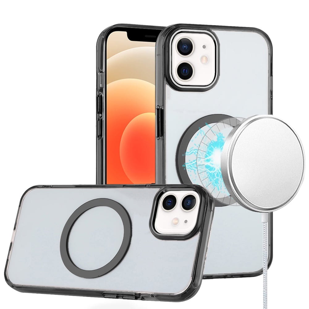 For iPhone 12 / iPhone 12 Pro (6.1") Transparent Back Hybrid Case - Magnetic Circle, Color Frame, Metal Buttons, MagSafe Compatible Case Cover