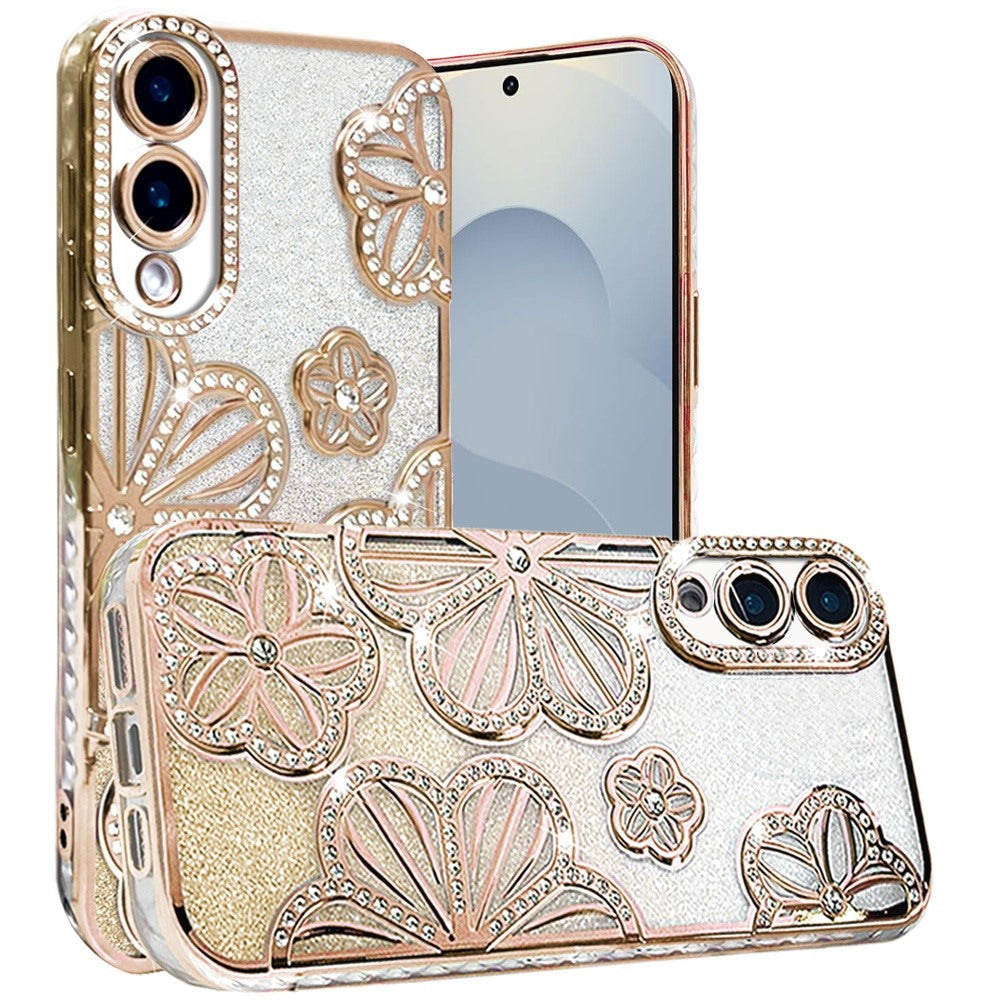 For Samsung Galaxy S25 Edge Luxury Flower Design Sparkle Glitter Diamond Rhinestone Shimmer Bling Plating Thick TPU Hard PC Case Cover