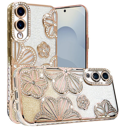 For Samsung Galaxy S25 Edge Luxury Flower Design Sparkle Glitter Diamond Rhinestone Shimmer Bling Plating Thick TPU Hard PC Case Cover