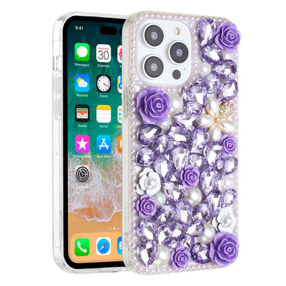 For Samsung Galaxy S24 Fan Edition /Galaxy S24 FE Fashion Rose Flower Floral Bling Crystal 3D Full Diamonds Pearl Sparkle Rhinestone Glitter Hybrid Case Cover Purple