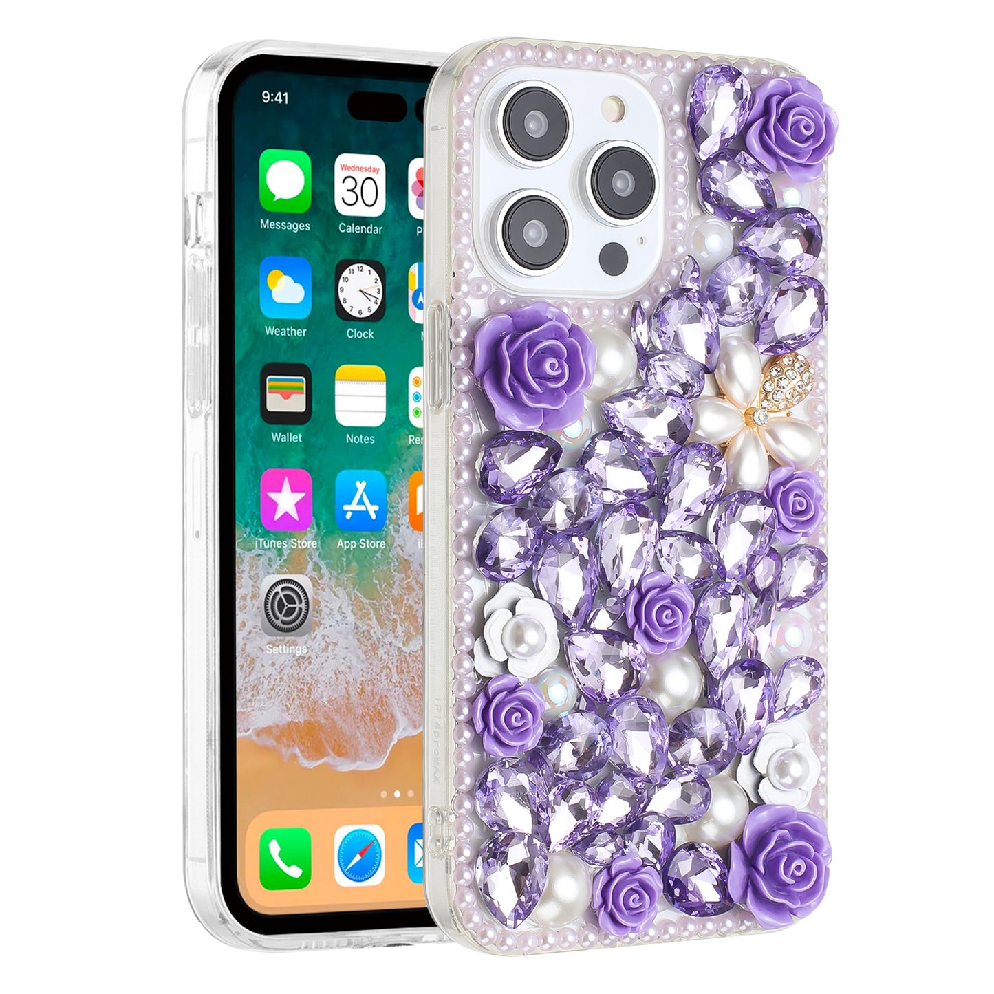 For Apple iPhone 17E /16E Fashion Rose Flower Floral, 3D Bling Crystal Full Diamonds Pearl Sparkle Rhinestone Glitter Hybrid Case Cover Purple