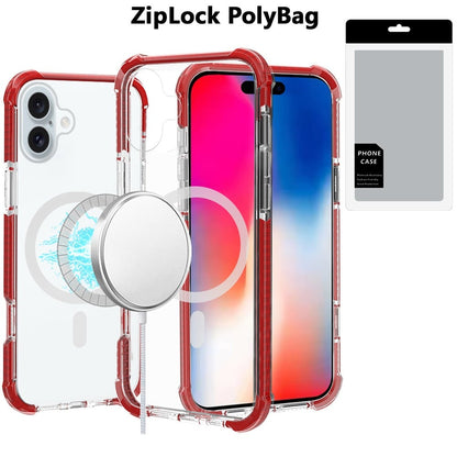 For iPhone 16 (6.1") Magnetic Acrylic Case Transparent Back, Rugged Colorful Frame, Shockproof Hybrid, MagSafe Compatible Case Cover Red