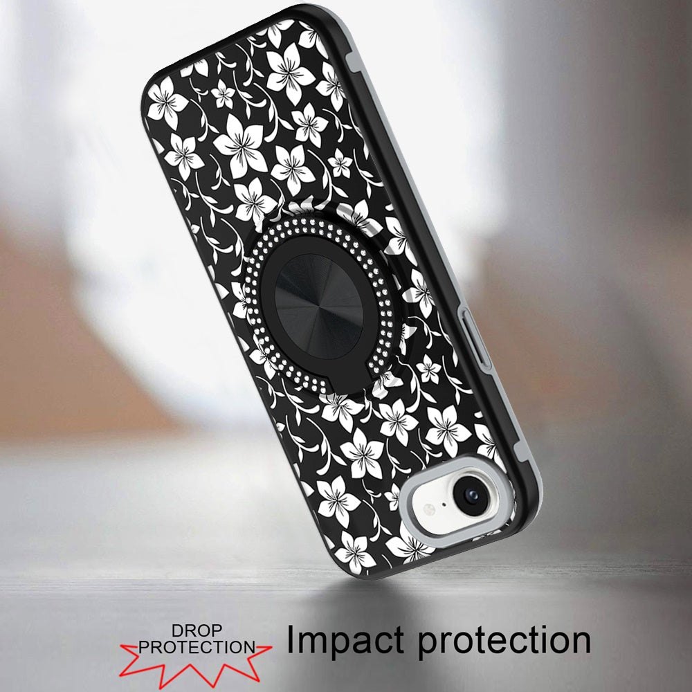 For Apple iPhone 16e Pattern Design Hybrid with Invisible Ring Stand & Magnetic Back, Shockproof Protective Grip Case Cover Classic Floral