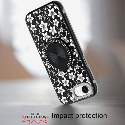 For Apple iPhone 16e Pattern Design Hybrid with Invisible Ring Stand & Magnetic Back, Shockproof Protective Grip Case Cover Classic Floral