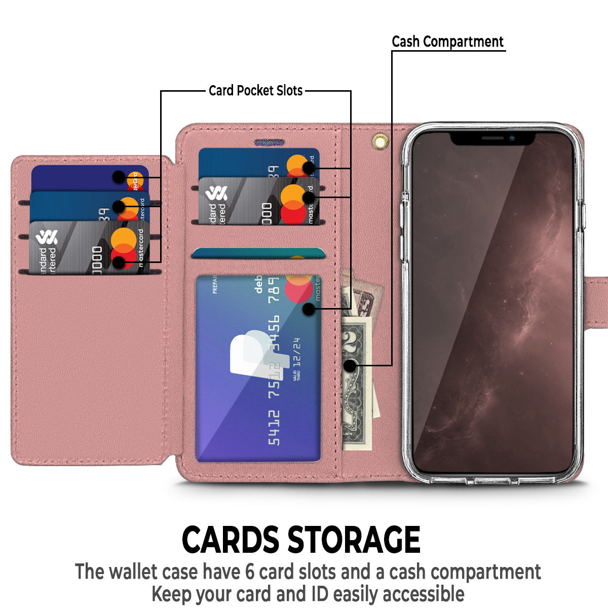 For Motorola Moto G Power 5G 2026 PU leather Wallet 6 Card Slots folio with Wrist Strap & Kickstand Pouch Flip Shockproof Case Cover Rose Gold
