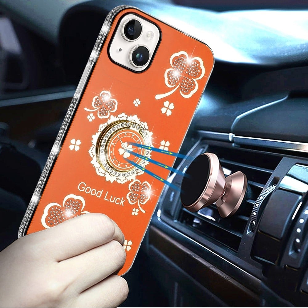 For iPhone 15 Plus (6.7") Diamonds Bling All Around Edges Sparkly Glitter Hybrid with Ring Stand Holder Fashion Good Luck Case Cover Cosmic Orange