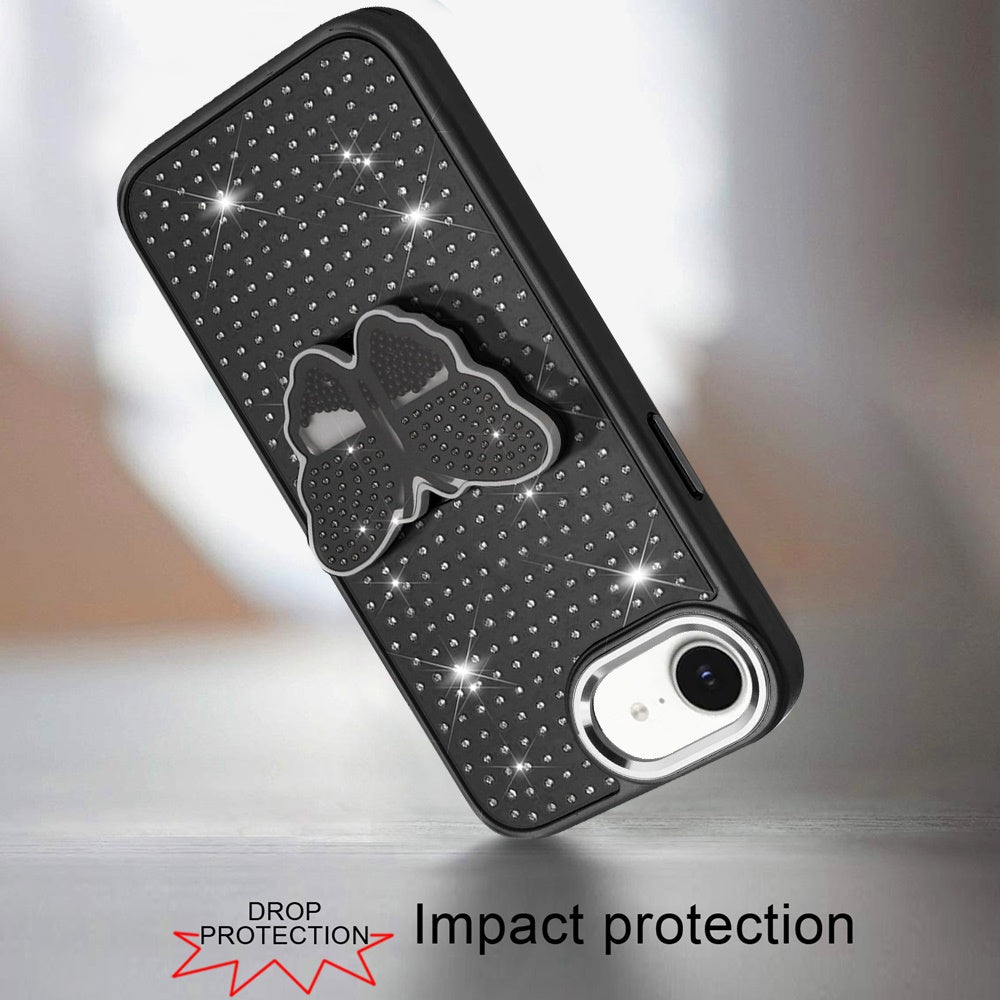 For Apple iPhone 17E /16E Butterfly Moveable Grip 3D Pop Stand Full Diamond Bling Sparkling TPU Fashion Hybrid Case Cover