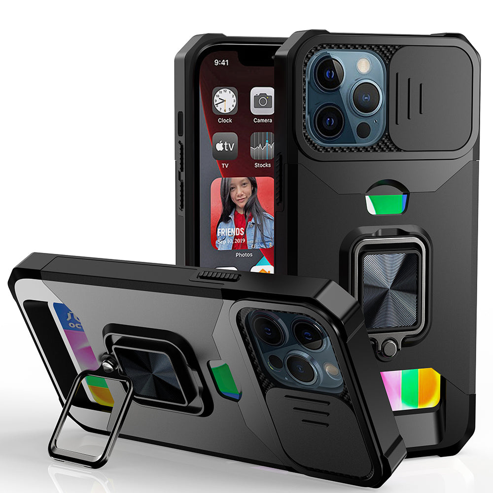 For Apple iPhone 11 Pro Max Wallet Case with Ring Stand & Slide Camera Cover Back Credit Card Slot Holder, Military Grade Case Cover Black