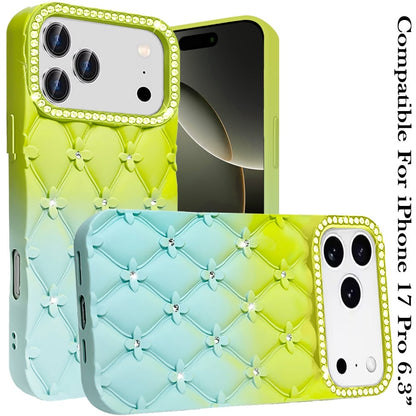 For Apple iPhone 17 Pro (6.3") Fashion Flower Design Sparkle Glitter Shimmer Rhinestone Bling Floral Accents, Leather Texture TPU Case Cover