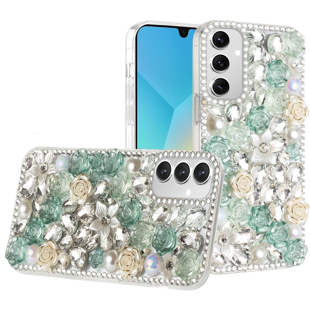 For Samsung Galaxy A16 5G Fashion Rose Flower Floral Bling Crystal 3D Full Diamonds Pearl Sparkle Rhinestone Glitter Hybrid Case Cover