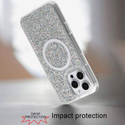 For Apple iPhone 16 Pro (6.3") Premium Transparent Epoxy Glitter Bling Magnetic Circle Compatible with MagSafe Hybrid Sparkle TPU Case Cover
