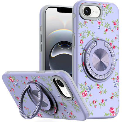 For Apple iPhone 16e Pattern Design Hybrid with Invisible Ring Stand & Magnetic Back, Shockproof Protective Grip Case Cover Purple Spring Floral