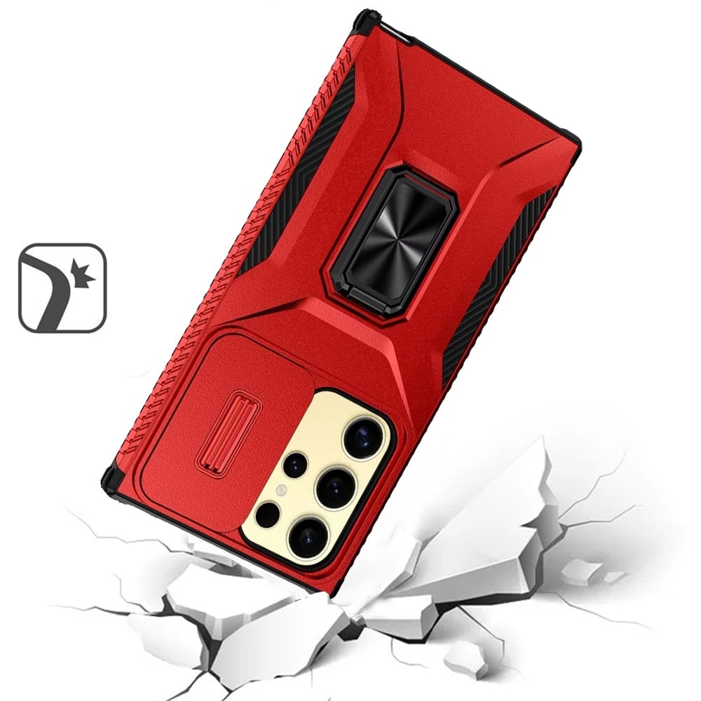 For Samsung Galaxy S23 Ultra Case, Camera Cover with Magnetic Rotation Ring Stand, Military Grade Hybrid Hard TPU Shockproof Case Cover Red