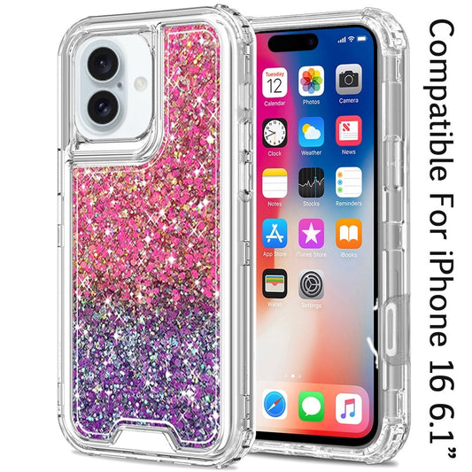 For Samsung Galaxy A16 5G Epoxy Bling Glitter Sparkly 3in1 Shockproof Transparent Hybrid Shockproof Full Body PC Bumper Case Cover Hot Pink + Purple