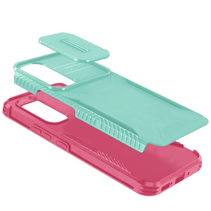 For Samsung Galaxy A17 5G Slim Fit Shockproof Hybrid with Slide Camera Window Covering, Rugged Tpu Silicone Hard PC Bumper Case Cover Teal+Hot Pink