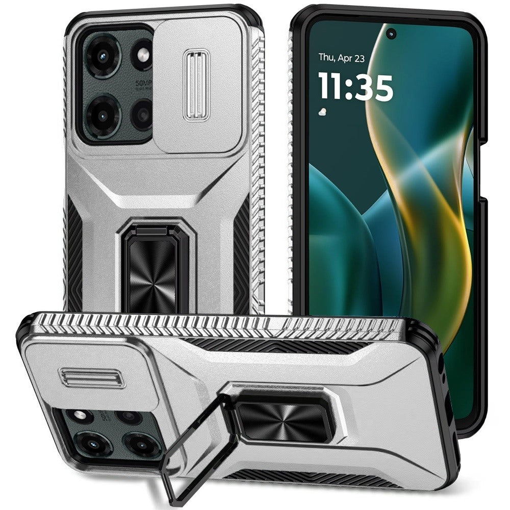 For Motorola Moto G Stylus 5G 2025 Case, Camera Cover with Magnetic Rotation Ring Stand, Military Grade Hybrid Hard TPU Shockproof Case Cover Silver
