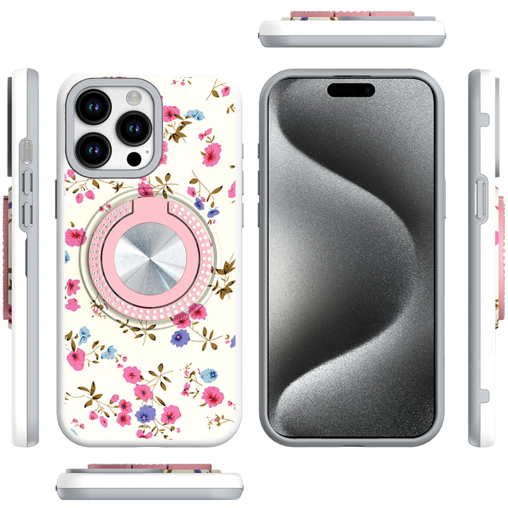 For Apple iPhone 16e Pattern Design Hybrid with Invisible Ring Stand & Magnetic Back, Shockproof Protective Grip Case Cover Mini Spring Flowers