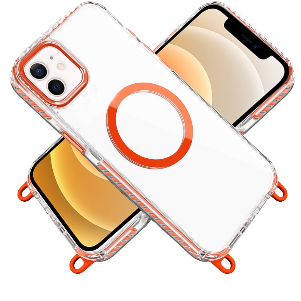 Phone Case for Apple iPhone 12 /12 Pro Transparent Magnetic Lanyard Shockproof Hybrid Clear Grip Durable Camera Protection TPU Anti-Slip Design Cover Cosmic Orange