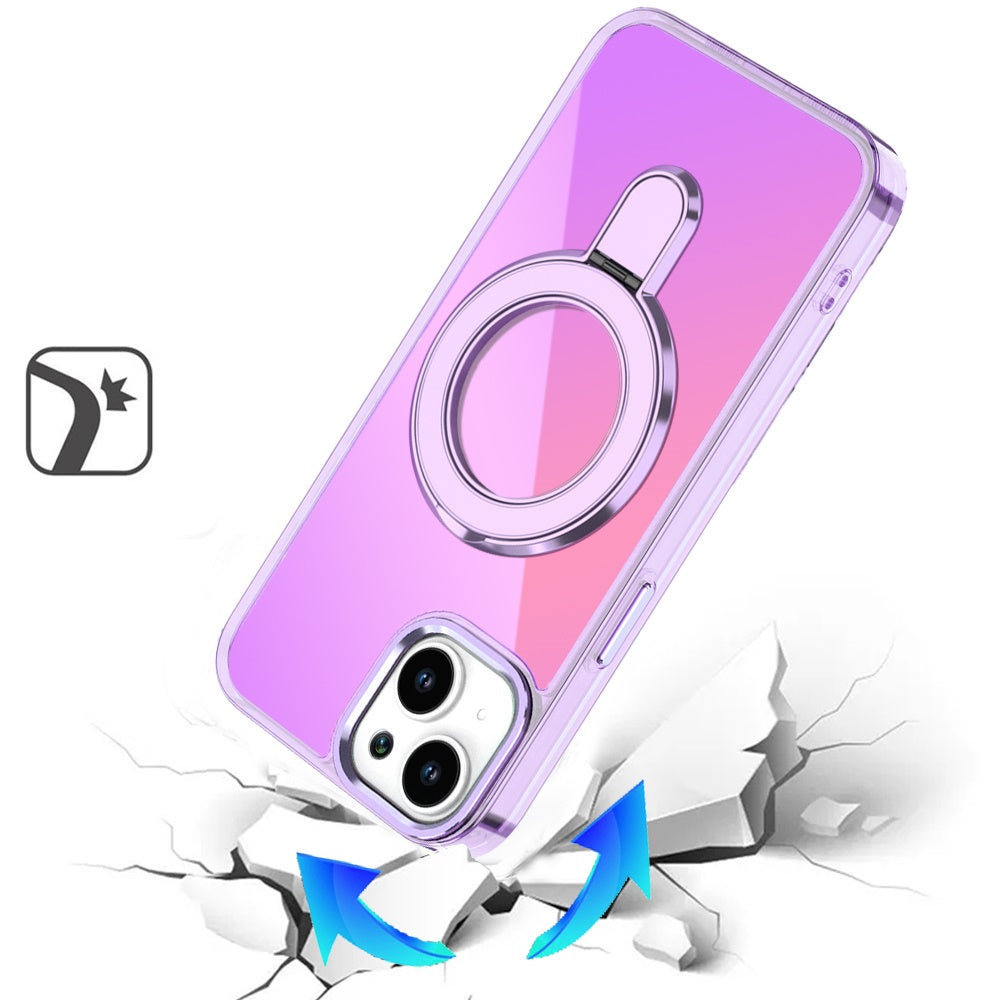 For Apple iPhone 15 Chrome Hybrid with Rotating Magnetic Circle Ring Stand, Slim Shockproof Hybrid Case Cover