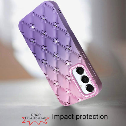 For Samsung Galaxy S25 Ultra Fashion Flower Design Sparkle Glitter Shimmer Rhinestone Bling Floral Accents, Leather Texture TPU Case Cover Light Pink /Light Purple