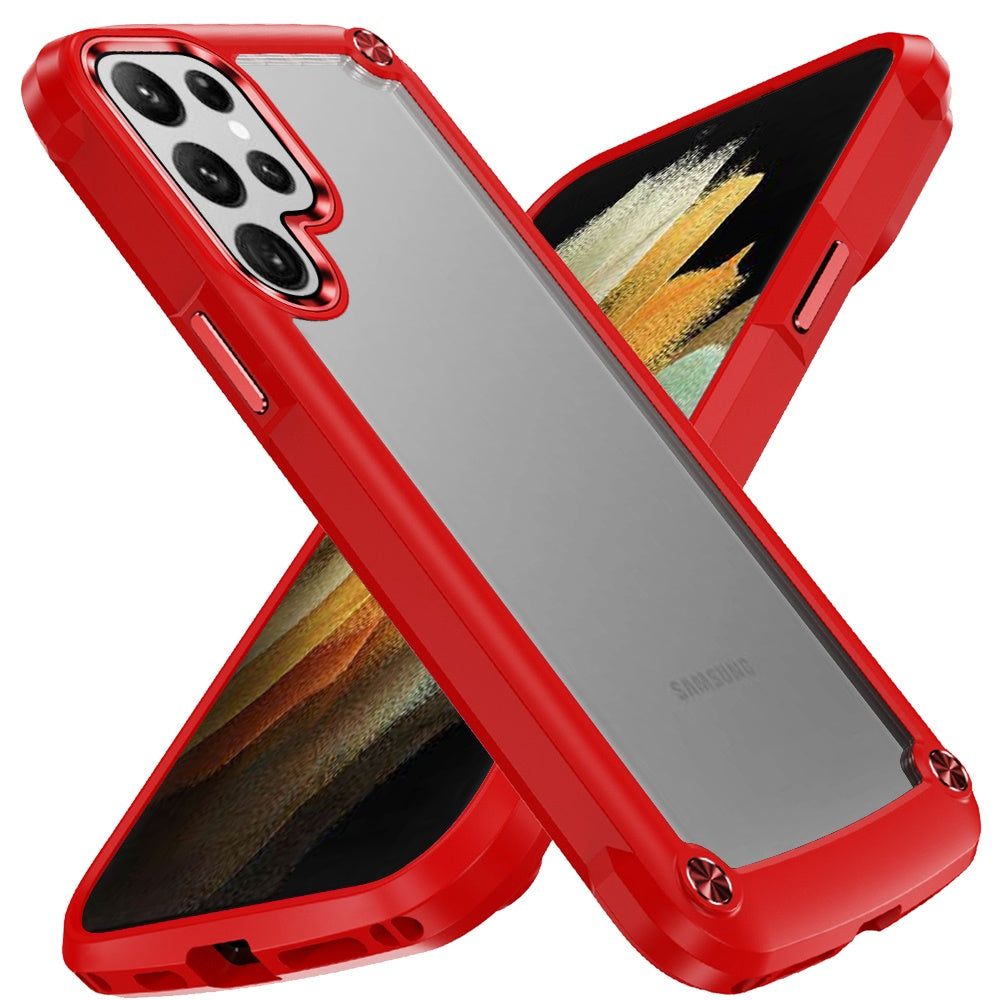 For Samsung Galaxy S21 Ultra Hybrid Transparent Rubber with Metal Buttons & Camera Edges Hard TPU Corner Frame Bumper Case Cover Red
