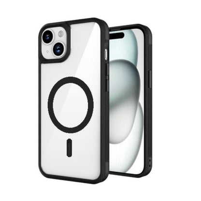 For Apple iPhone 15 (6.1") Magnetic Clear Compatible with Magsafe Wireless Charger PC + TPU Hybrid Slim Transparent Black Phone Case Cover