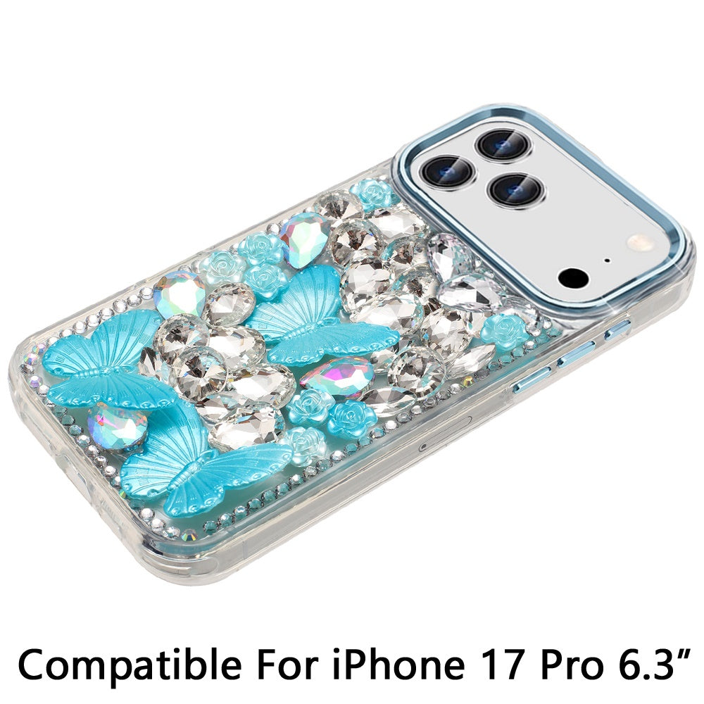 For Apple iPhone 17 Pro (6.3") 3D Diamond Floral Butterfly Bling Stone Hybrid, Sparkly Rhinestone Gemstone Back Shockproof Case Cover Rose Gold