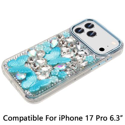 For Apple iPhone 17 Pro (6.3") 3D Diamond Floral Butterfly Bling Stone Hybrid, Sparkly Rhinestone Gemstone Back Shockproof Case Cover Rose Gold