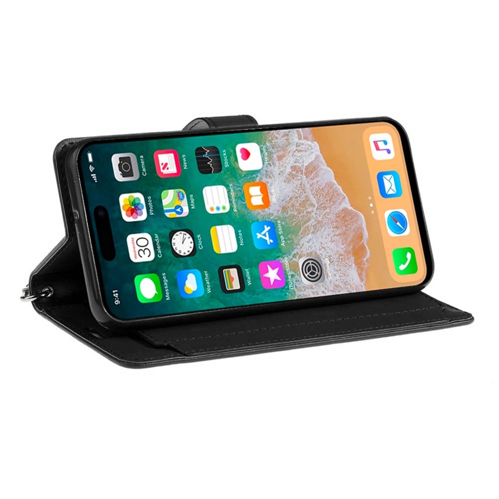 For Apple iPhone 16 Plus Wallet Cases PU Leather with Credit Card /ID /Cash Holder Slot Dual Flip Book Pouch, Stand and Strap Case Cover Black