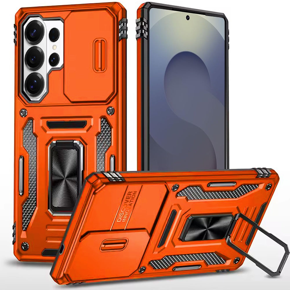 For Samsung Galaxy S25 Ultra Tough Hybrid Case with Movable Camera Window & Metal Ring Stand Shockproof Case Cover Cosmic Orange