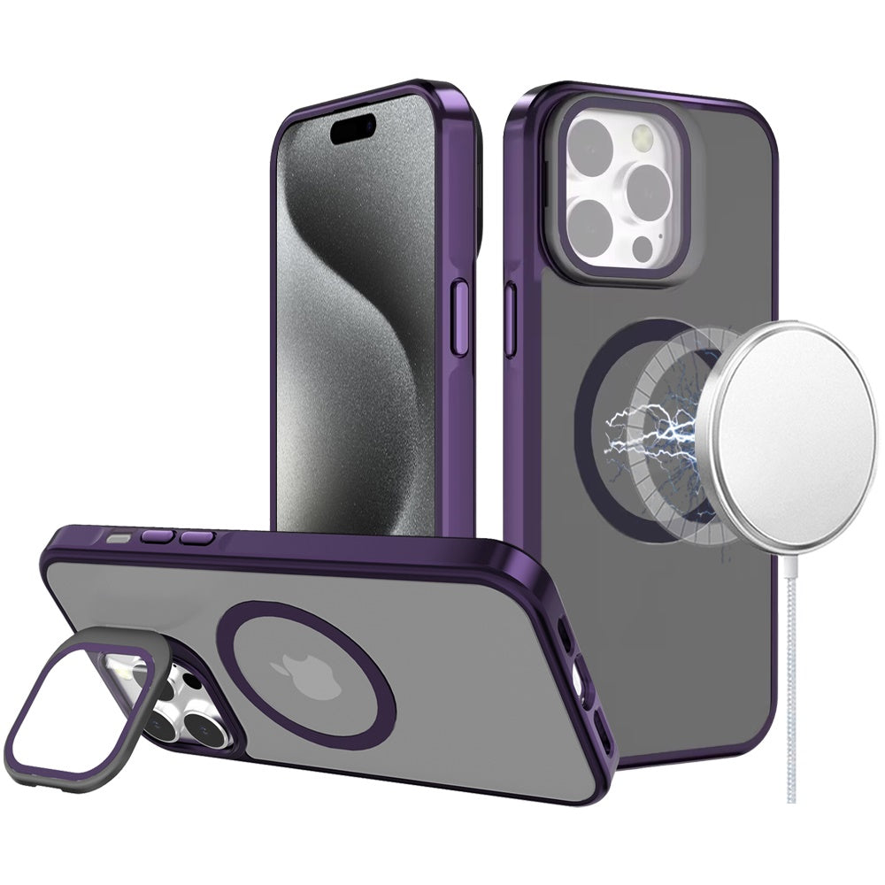 For Apple iPhone 13 Pro Max Tough HQ Hybrid Case with Aluminum Frame Camera Stand, Compatible with MagSafe, Translucent Matte Shockproof Case Cover